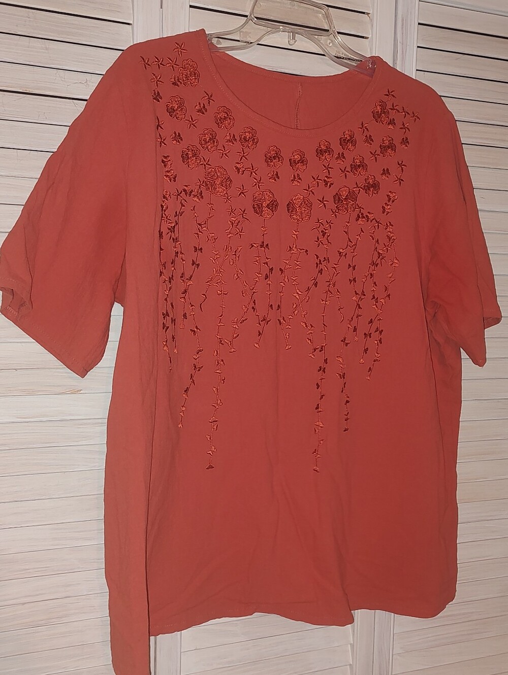Women's Embroidered Short Sleeve Top - Rust Cotton XL